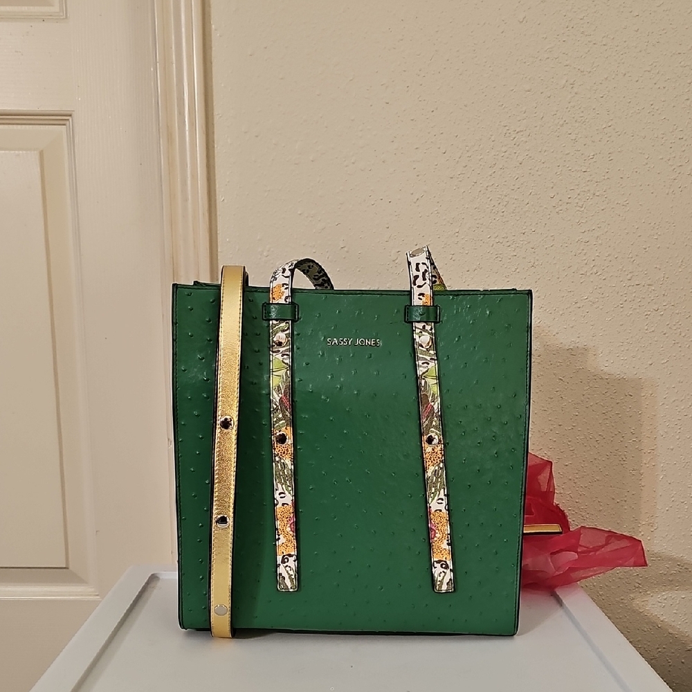 Sassy Jones Carmen Green Tote with Gold and Patterned Straps